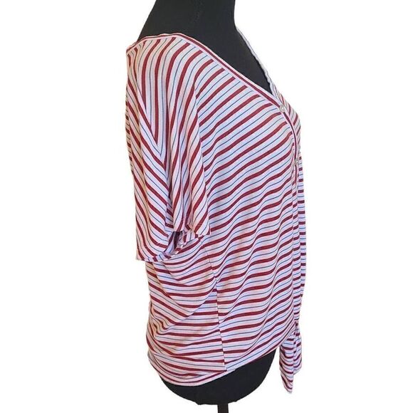 Cupio Womens Blouse Front Tie Button Short Sleeve Stripes Red Medium - Picture 4 of 11